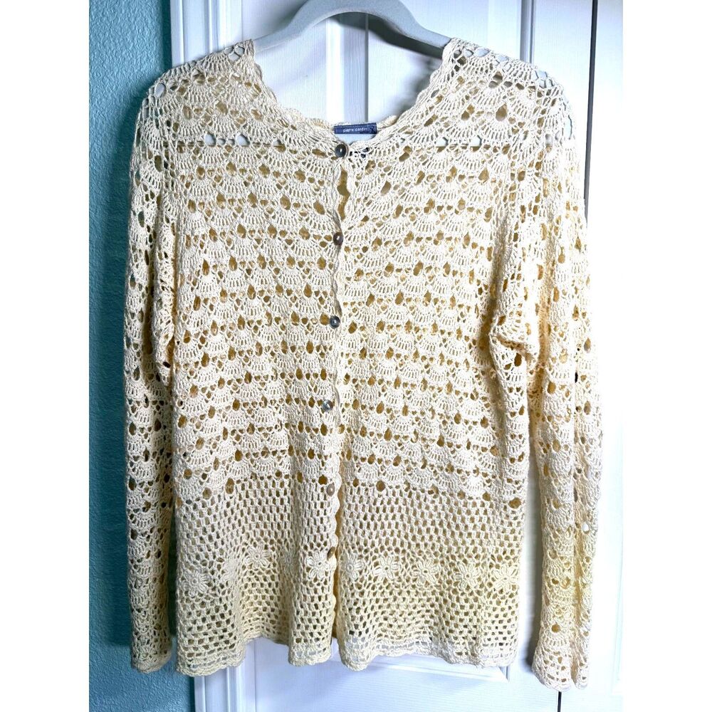 Vintage Pierre Cardin Crochet 7-Buttons Long Sleeves Cardigan Cream Size M